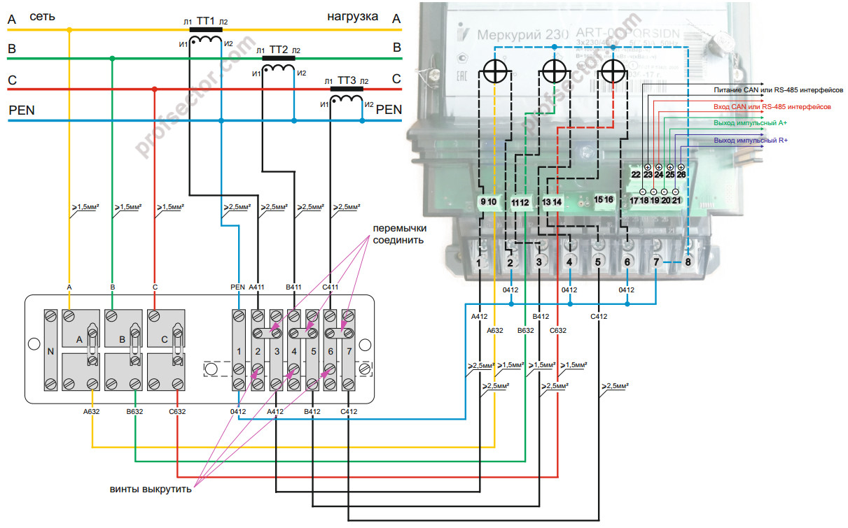 Полукосвенное подключение 3-фазного электросчетчика TNC 8-проводная